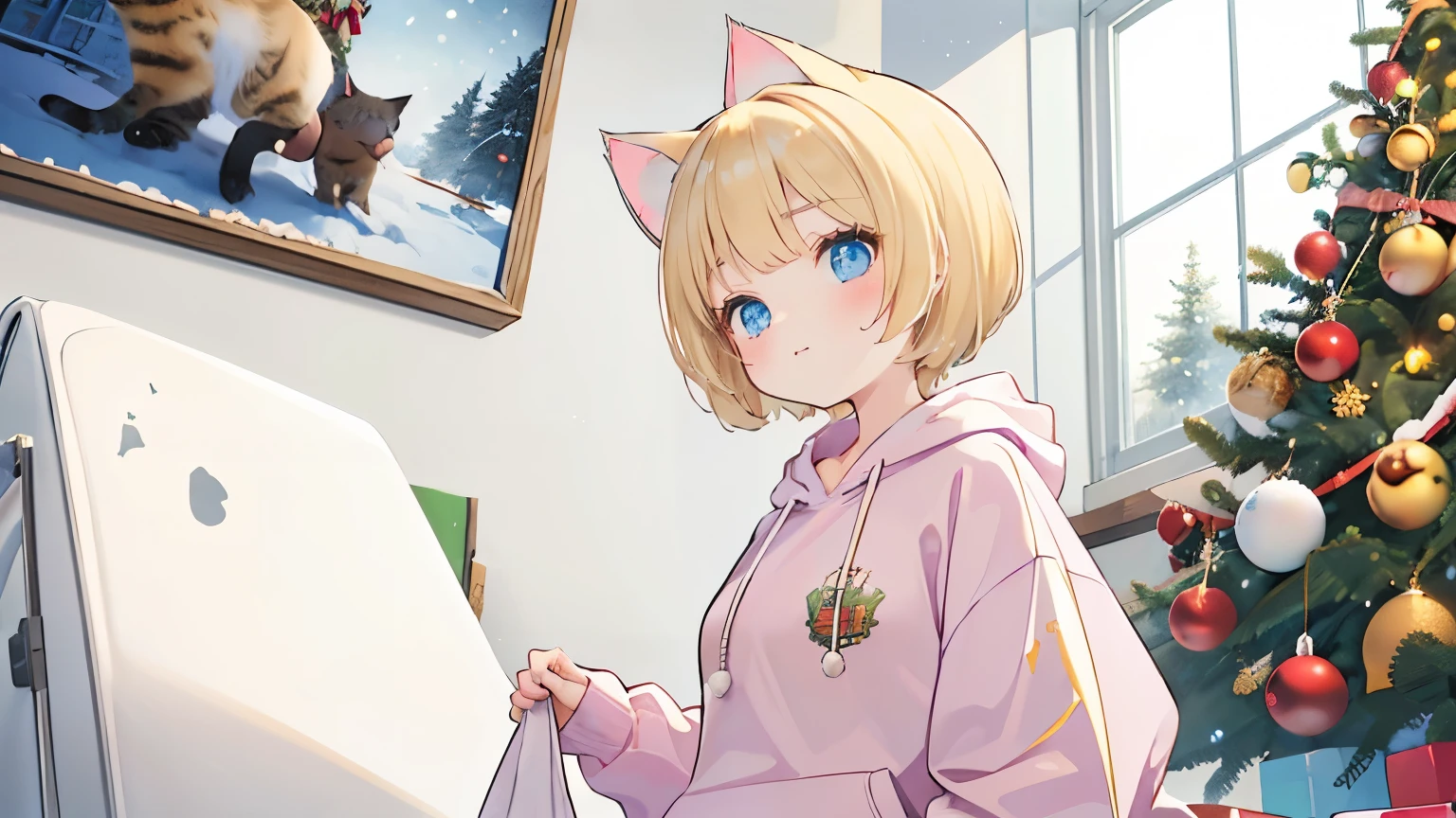  from a distance, (distant view:1.8), (dynamic angle:1.8), dynamic pose, Blonde hair, (Graduation short hair:1.6), a girl in a pink hoodie, Christmas art style, Christmas theme, Christmas celebration, Christmas atmosphere, Christmas scene, Christmas night, detailed art in color, , Christmas wallpaper with reindeer, large view, kawacy, holy night, maplestory, short hair, bright blue eyes, big white hair ornament, (Blonde cat ears:1.6), pink hoodie, denim shorts, black sneakers,