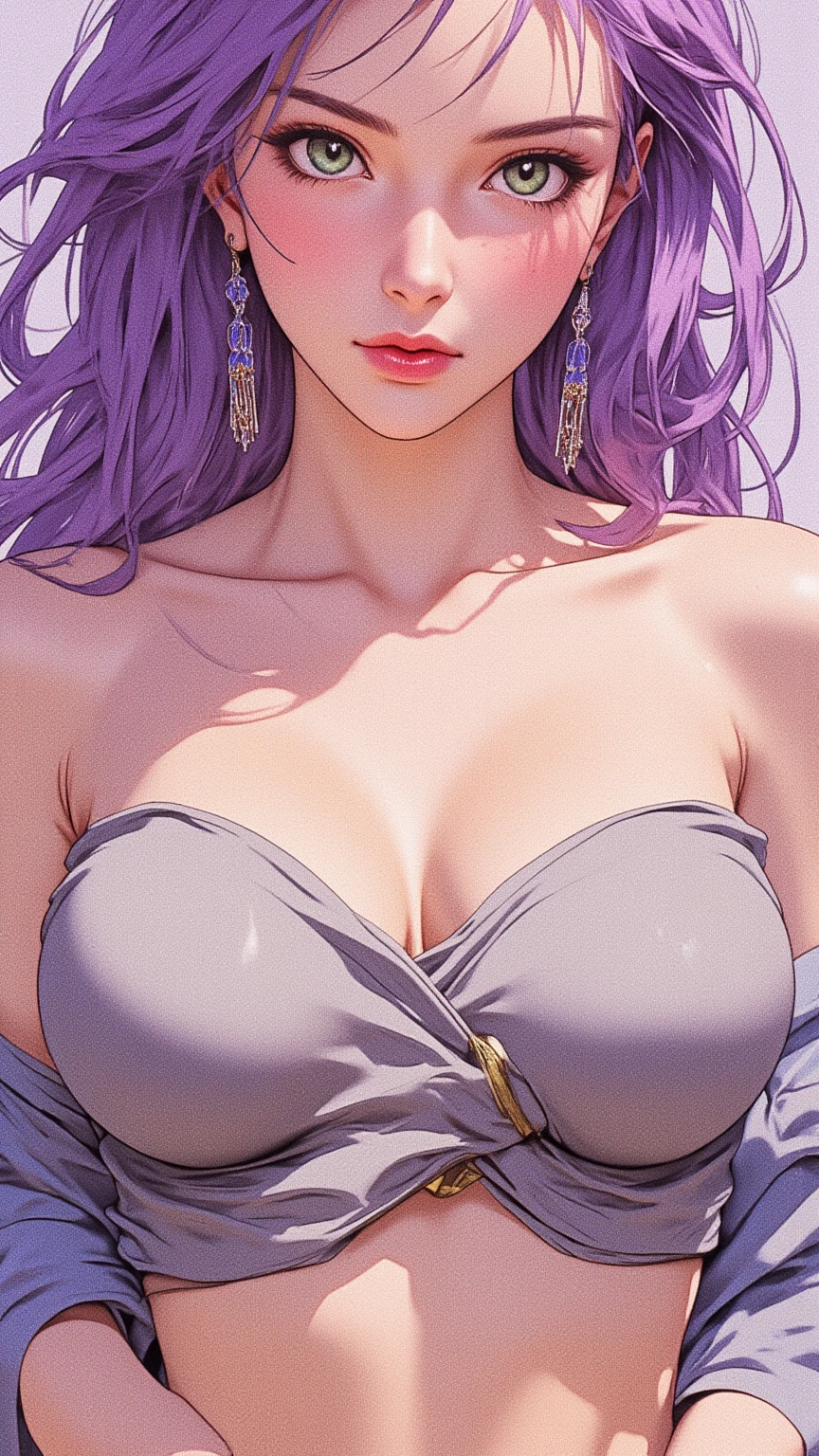 (masterpiece, highres, high resolution:1.2), anime 20 yo girl, portrait, shoulders up, illustration. drawn, violet hair woman, green eyes, blushing, solo, surprised, freckles, big lips, huge breasts, perfect body, wearing a tube top, no hands.