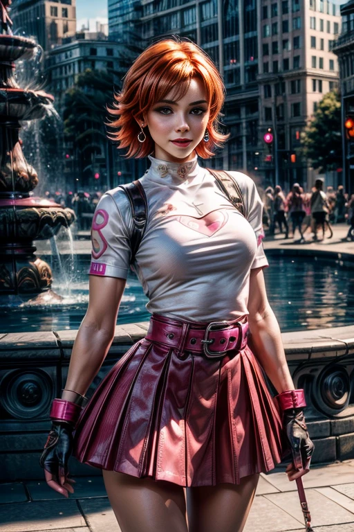 cowboy shot, beautiful (nora_valkyrie), looking at viewer, smiling, lips, short hair, blue eyes, orange hair, hoop earring, heart design on t-shirt, gloves, jacket, pink skirt, pink belt, short sleeves, puffy sleeves, single armband, fingerless gloves,  black nail, standing in cityscape, crowd, fountain, best quality, masterpiece, intricate details, tonemapping, sharp focus, hyper detailed, masterpiece, elegant face, beautiful face, highly detailed skin, skin pores, subsurface scattering, realistic pupils, full lips, detailed background, depth of field, atmospheric perspective, volumetric lighting, sharp focus, absurdres, realistic proportions, good anatomy, (realistic, hyperrealistic:1.4), 16k hdr,