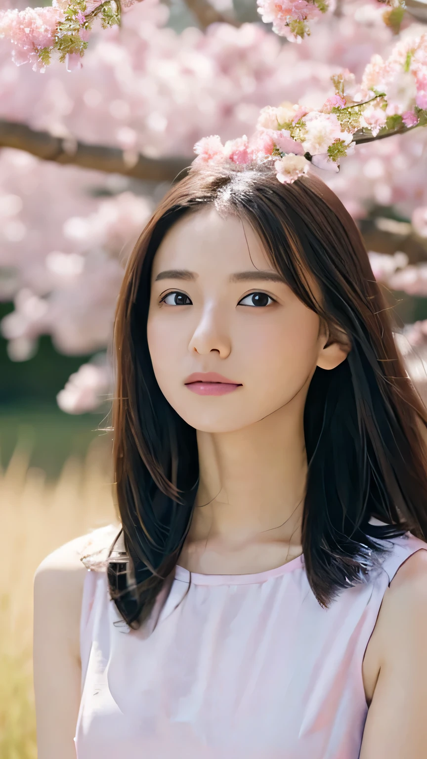 Best Quality、4K、8k、 High Resolution 、masterpiece:1.2、 very detailed、Real:1.37、Portrait、Soft colors、Gentle Light、A girl exuding fatigue、Long flowing hair、Delicate facial features、Thoughtful eyes、 white skin、Happy expression、Soft pastel colors、 amazing vibe 、shirt、Subtle brushwork、Dreamy composition、gazing into the distance、 Romantic Atmosphere 、、Calm colors、Soft Shadows、 display above my waist、Ample breasts、Flower field in the background、Wearing sleeveless top、I'm wearing a G pan 、