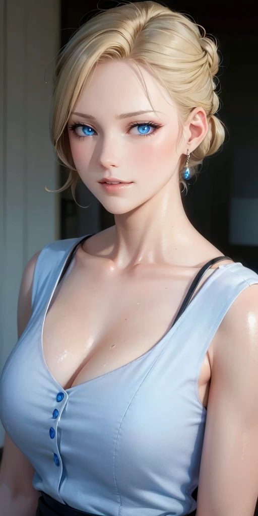 Elegant mature female, blue eyes, blonde hair, elegant hairstyle, swept bangs, soft light, high detailed, 4k resolution, high quality, beautiful cg, 