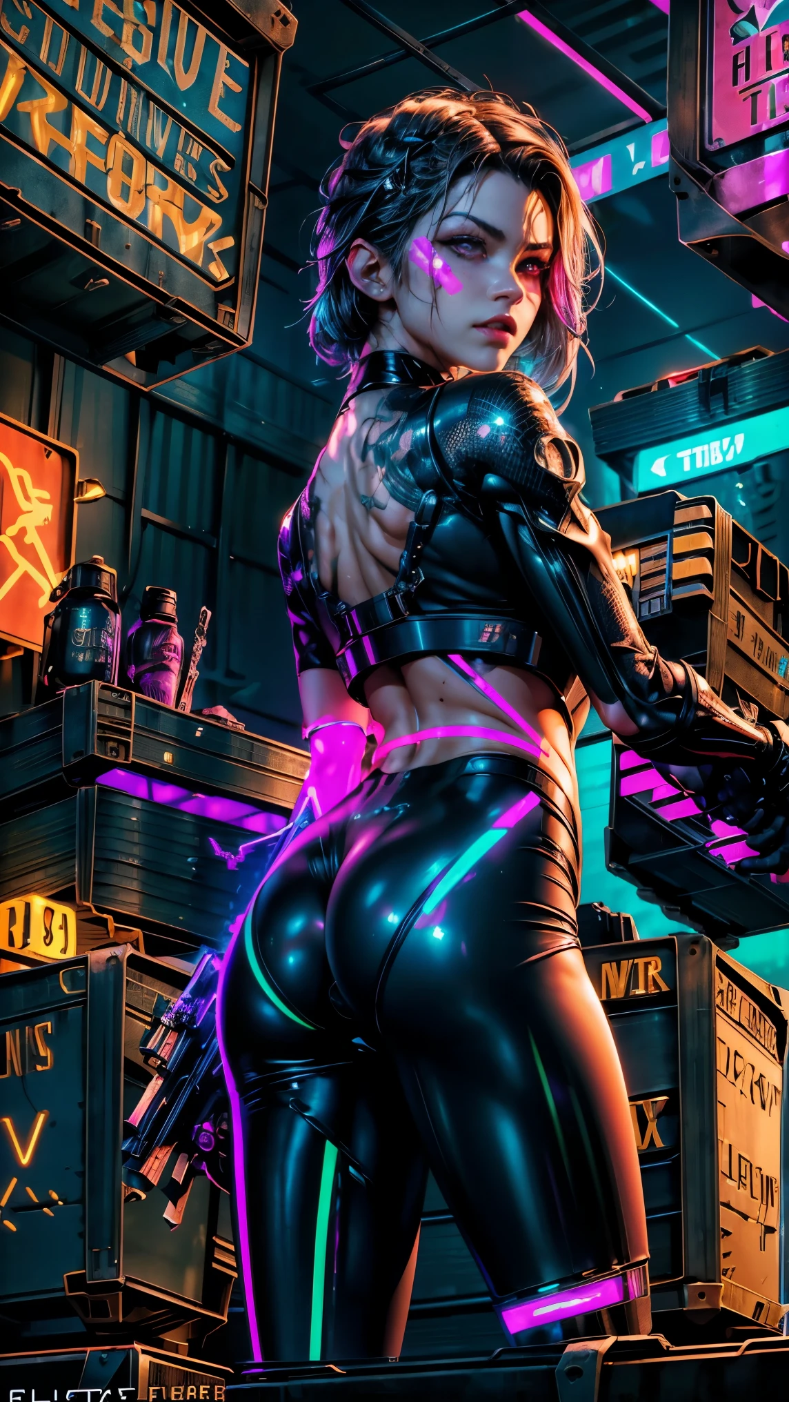 Sexy teen robot with lace-up weapons in cyber punk anime style