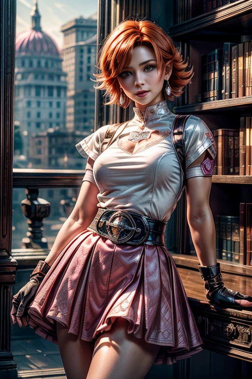cowboy shot, beautiful (nora_valkyrie), looking at viewer, smiling, lips, short hair, blue eyes, orange hair, hoop earring, heart design on t-shirt, gloves, jacket, pink skirt, pink belt, short sleeves, puffy sleeves, single armband, fingerless gloves, black nail, standing in library, best quality, masterpiece, intricate details, tonemapping, sharp focus, hyper detailed, masterpiece, elegant face, beautiful face, highly detailed skin, skin pores, subsurface scattering, realistic pupils, full lips, detailed background, depth of field, atmospheric perspective, volumetric lighting, sharp focus, absurdres, realistic proportions, good anatomy, (realistic, hyperrealistic:1.4), 16k hdr,