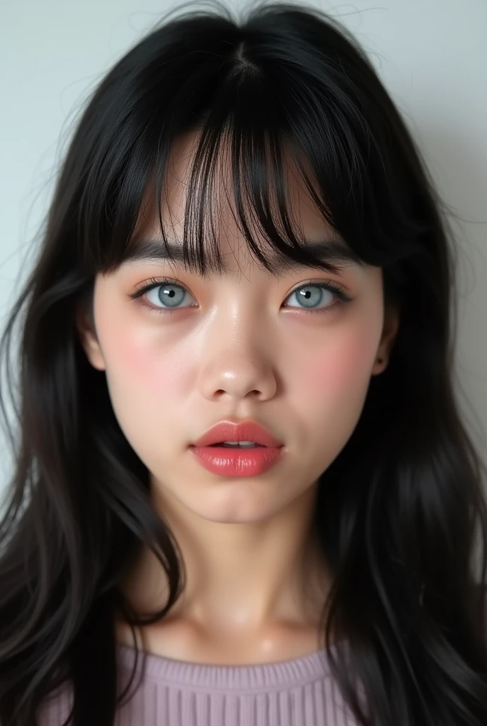 ((Extremely realistic)), ( super real), generate a highly realistic image, white backdrop,,15-year-old female,high school student、black long hair, I'm hiding my forehead with bangs,blue eyes,Long False Eyelashes,Thick lips,Clear eyeliner、,Moisturized lips smudged with clear lip balm、 Open the center of your lips、extremely detailed lips, large mouth, full, plump,  lip balm to make your lips shiny and shiny、淡いpink lips, transparent lip gloss,cute bra tank top