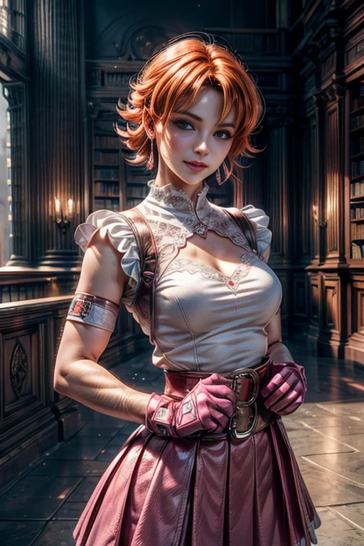 cowboy shot, beautiful (nora_valkyrie), looking at viewer, smiling, lips, short hair, blue eyes, orange hair, hoop earring, heart design on t-shirt, gloves, jacket, pink skirt, pink belt, short sleeves, puffy sleeves, single armband, fingerless gloves,  black nail, standing in library, best quality, masterpiece, intricate details, tonemapping, sharp focus, hyper detailed, masterpiece, elegant face, beautiful face, highly detailed skin, skin pores, subsurface scattering, realistic pupils, full lips, detailed background, depth of field, atmospheric perspective, volumetric lighting, sharp focus, absurdres, realistic proportions, good anatomy, (realistic, hyperrealistic:1.4), 16k hdr,