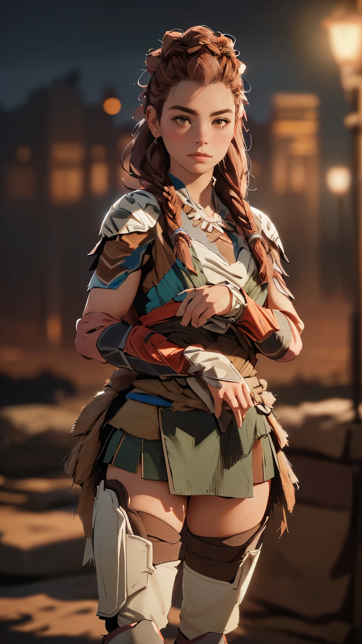 (A woman),(Aloy:1.5),(((Horizon Zero Dawn:1.5))),((Nora Hunting gear:1.5)),((standing bravely:1.5)),(Serious:1.5),(long red hair:1.5),(very detailed beautiful face:1.5),(((slight braided Hair:1.5))),(beautiful eyes:1.3),(Very detailedな顔:1.5),((Very detailed drawing of a female hand:1.5)),((muscular:1.5)),(Sexy appearance:1.5),((Thick thighs:1.5)),(Beautiful Body:1.5),((Very sensual:1.5)),(mountainous background at night:1.5),(warm atmosphere:1.5),(((Blurred Background:1.5))),(Written border depth:1.5),rest(((masterpiece:1.5),(best quality:1.5),(Very detailed:1.5),(high resolution:1.5),(Practical:1.5),(Practical:1.5),(Delicate depiction),(Carefully drawn))),8k,wallpaper