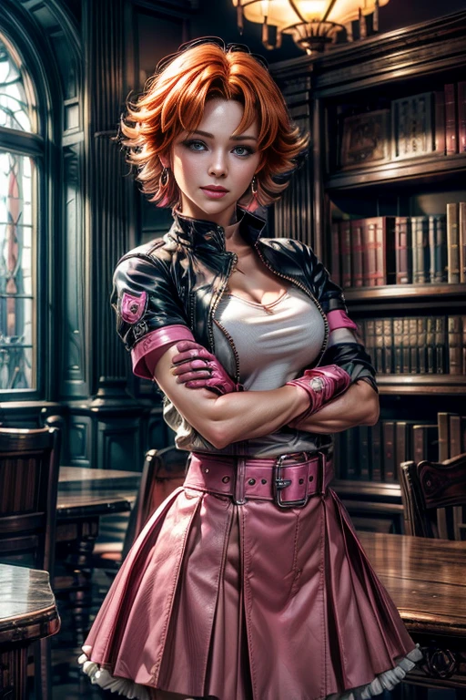 cowboy shot, beautiful (nora_valkyrie), looking at viewer, smiling, lips, short hair, blue eyes, orange hair, hoop earring, heart design on t-shirt, gloves, jacket, pink skirt, pink belt, short sleeves, puffy sleeves, single armband, fingerless gloves,  black nail, standing in library, best quality, masterpiece, intricate details, tonemapping, sharp focus, hyper detailed, masterpiece, elegant face, beautiful face, highly detailed skin, skin pores, subsurface scattering, realistic pupils, full lips, detailed background, depth of field, atmospheric perspective, volumetric lighting, sharp focus, absurdres, realistic proportions, good anatomy, (realistic, hyperrealistic:1.4), 16k hdr,