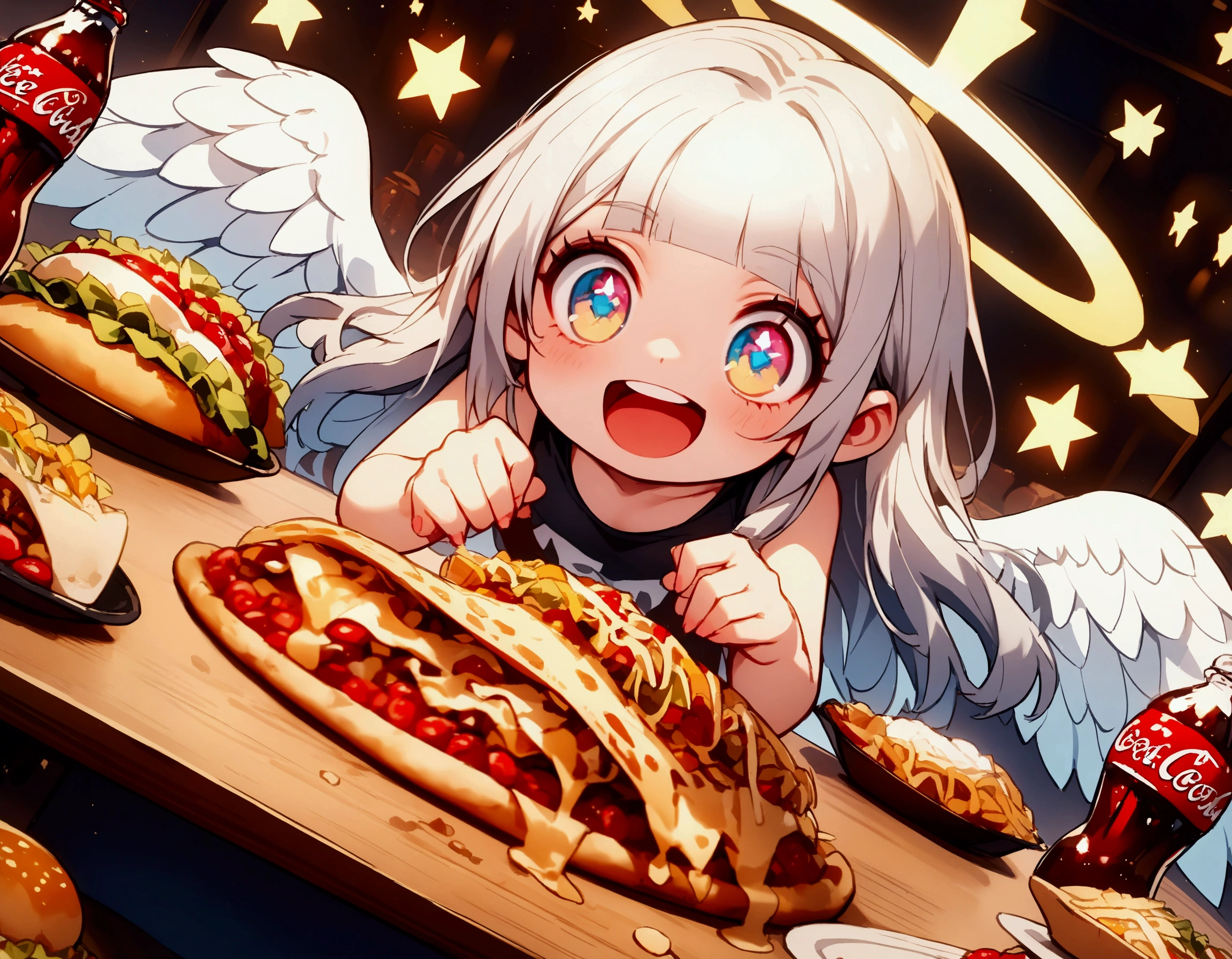 1girl\(angel,silver hair,shining hair, long hair, floating hair, cosmic eyes, big eyes,many stars in eyes, beautiful, cute, shiny body, (big white wings), glowing halo\(angel ring\), dark bag under eyes,geek,freckles, tank top\(geek-anime-printed\), green short shorts, big smile,open mouth, surprised, cute pose,(far away from viewer)\) , many beautiful junk foods\(pizza, humberger, lasagna, Coca-Cola, tacos, hot-dog, many shining effects\) on the table, BREAK ,background\(trippy colorful shines, simple,happy mood\), BREAK ,quality\(8k,wallpaper of extremely detailed CG unit, high resolution, top-quality, top-quality real texture skin, hyper realistic, increase the resolution, RAW photos, best quality, highly detailed, the wallpaper,golden ratio,high saturation realism, vibrant colors, dramatic lighting, persuasive storytelling, atmospheric scenery, captivating visuals, intricate details, strong emotions,dreamlike world\),(from above), (focus at foods),(dynamic angle:1.3)