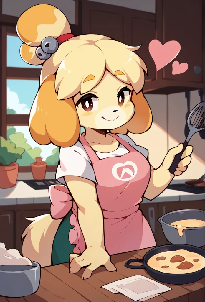 Isabelle, animal crossing, pink apron, cooking, hearts, looking at viewer, smile