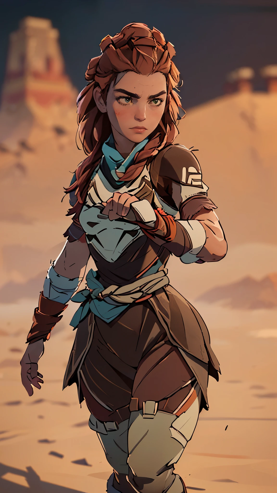 (A woman),(Aloy:1.5),(((Horizon Zero Dawn:1.5))),((Nora Hunting gear:1.5)),((standing bravely:1.5)),(Serious:1.5),(long red hair:1.5),(very detailed beautiful face:1.5),(((slight braided Hair:1.5))),(beautiful eyes:1.3),(Very detailedな顔:1.5),((Very detailed drawing of a female hand:1.5)),((muscular:1.5)),(Sexy appearance:1.5),((Thick thighs:1.5)),(Beautiful Body:1.5),((Very sensual:1.5)),(mountainous background at night:1.5),(warm atmosphere:1.5),(((Blurred Background:1.5))),(Written border depth:1.5),rest(((masterpiece:1.5),(best quality:1.5),(Very detailed:1.5),(high resolution:1.5),(Practical:1.5),(Practical:1.5),(Delicate depiction),(Carefully drawn))),8k,wallpaper