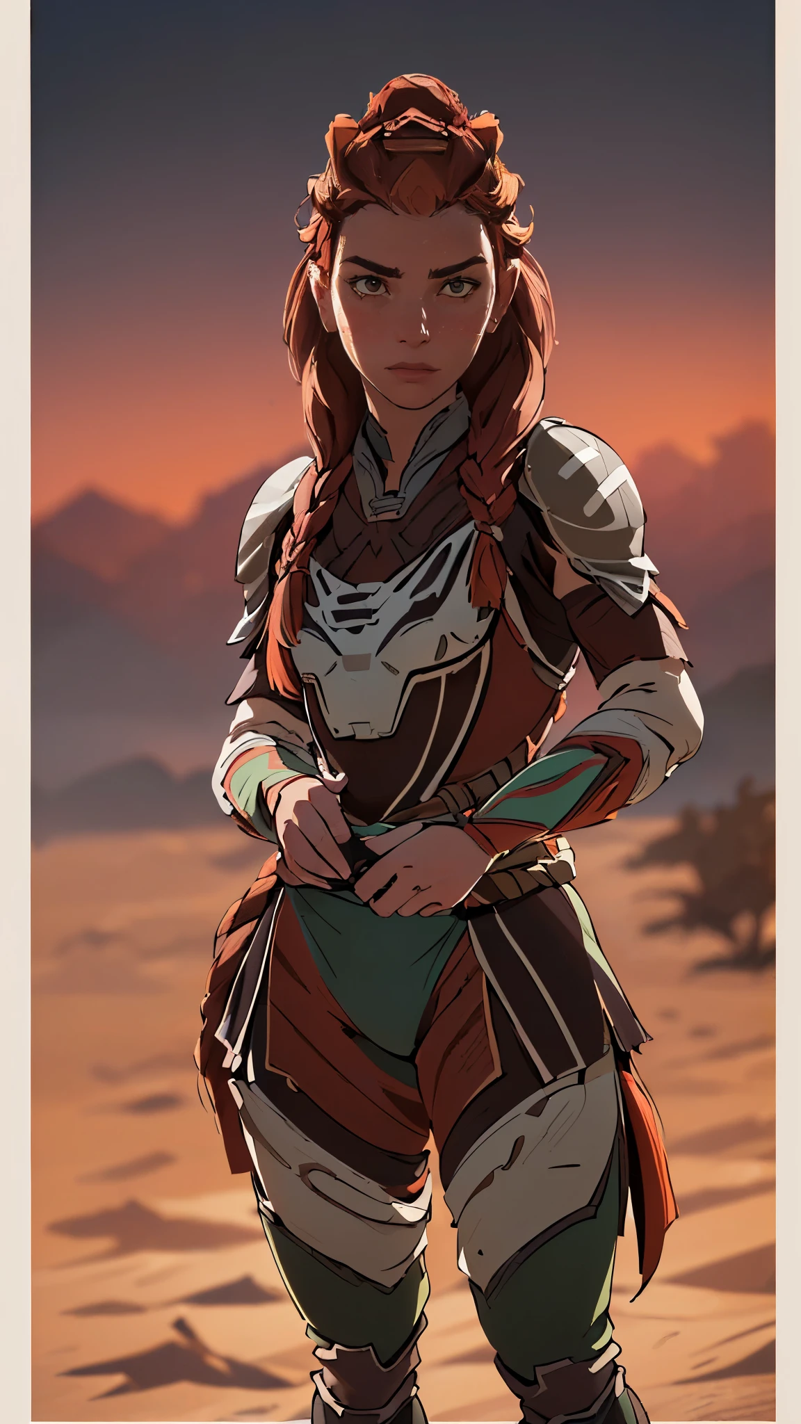 (A woman),(Aloy:1.5),(((Horizon Zero Dawn:1.5))),((Nora Hunting gear:1.5)),((standing bravely:1.5)),(Serious:1.5),(long red hair:1.5),(very detailed beautiful face:1.5),(((slight braided Hair:1.5))),(beautiful eyes:1.3),(Very detailedな顔:1.5),((Very detailed drawing of a female hand:1.5)),((muscular:1.5)),(Sexy appearance:1.5),((Thick thighs:1.5)),(Beautiful Body:1.5),((Very sensual:1.5)),(mountainous background at night:1.5),(warm atmosphere:1.5),(((Blurred Background:1.5))),(Written border depth:1.5),rest(((masterpiece:1.5),(best quality:1.5),(Very detailed:1.5),(high resolution:1.5),(Practical:1.5),(Practical:1.5),(Delicate depiction),(Carefully drawn))),8k,wallpaper