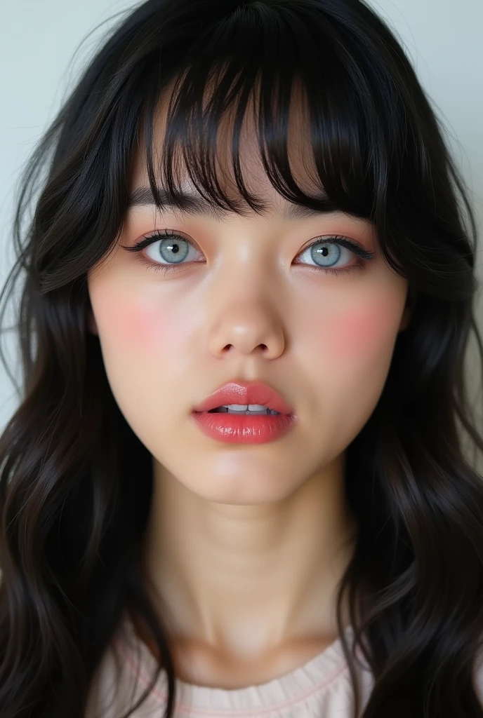 ((Extremely realistic)), ( super real), generate a highly realistic image, white backdrop,,-yeld fee,high school student、black long hair, I'm hiding my forehead with bangs,blue eyes,Long False Eyelashes,Thick lips,Clear eyeliner、,Moisturized lips smudged with clear lip balm、 Open the center of your lips、extremely detailed lips, large mouth, full, plump,  lip balm to make your lips shiny and shiny、淡いpink lips, transparent lip gloss,cute bra tank top