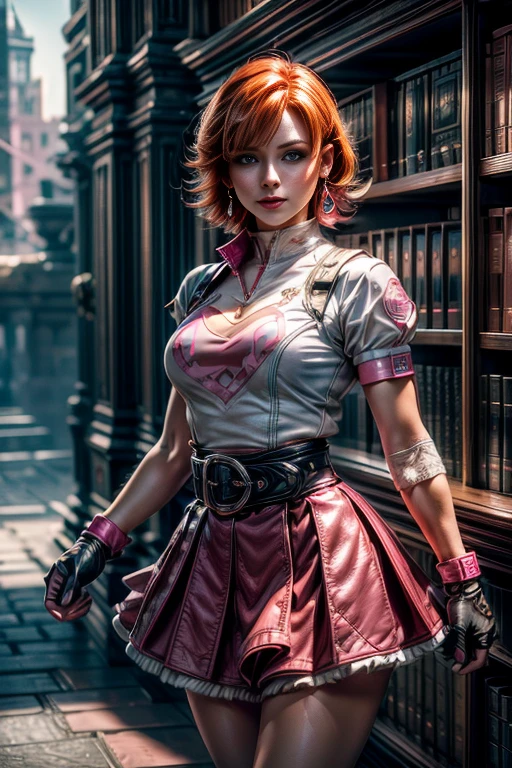 cowboy shot, beautiful (nora_valkyrie), looking at viewer, smiling, lips, short hair, blue eyes, orange hair, hoop earring, heart design on t-shirt, gloves, jacket, pink skirt, pink belt, short sleeves, puffy sleeves, single armband, fingerless gloves, black nail, standing in library, best quality, masterpiece, intricate details, tonemapping, sharp focus, hyper detailed, masterpiece, elegant face, beautiful face, highly detailed skin, skin pores, subsurface scattering, realistic pupils, full lips, detailed background, depth of field, atmospheric perspective, volumetric lighting, sharp focus, absurdres, realistic proportions, good anatomy, (realistic, hyperrealistic:1.4), 16k hdr,