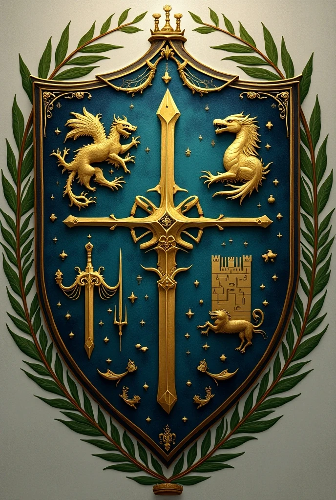 Create a symbol for the Lords of Everharth. The design should feature a central shield divided into nine segments, each representing one of the lords' fiefs. Include stylized elements such as a dragon, a sword, a tree, a castle, and other motifs that symbolize their individual strengths and territories. Surround the shield with ornate laurel leaves, signifying unity and honor. Use a color palette of deep blue, gold, and emerald green to evoke nobility and power. The overall feel should be regal and intricate, reflecting the diverse leadership and rich heritage of the council.