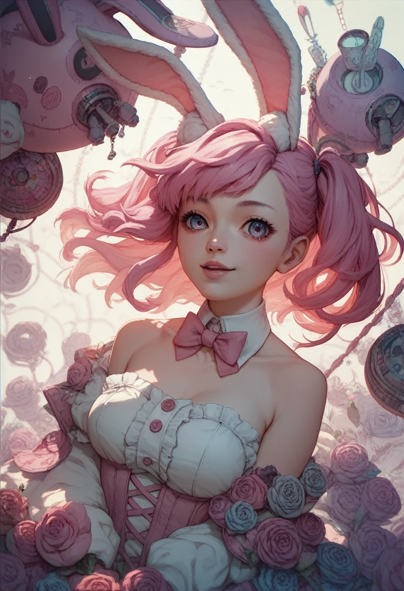 "IMVU, pink hair, pink heart eyes, white round glasses, pale skin, white and pink cow ears, white horns with pink bows, fuzzy white jacket with pink spots, pink cowbell choker, kawaii, soft, high quality, masterpiece, 8k, large breasts, showing cleavage