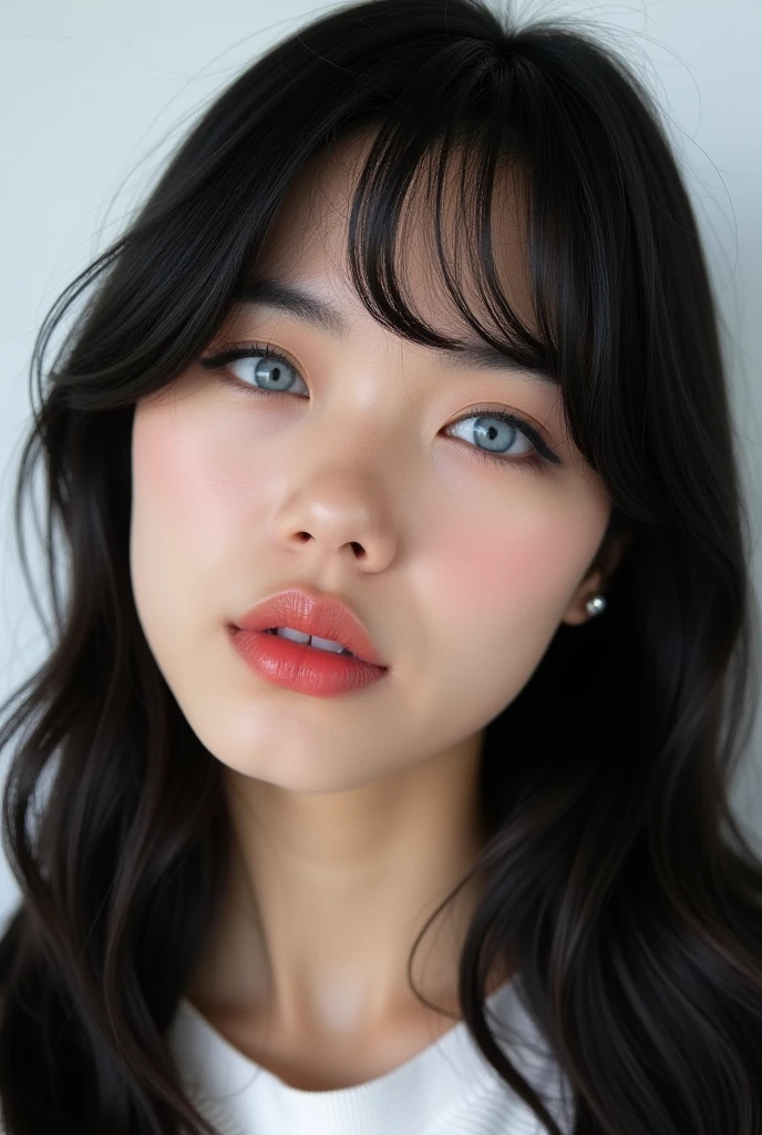 ((Extremely realistic)), ( super real), generate a highly realistic image, white backdrop,,15-year-old female,high school student、black long hair, I'm hiding my forehead with bangs,blue eyes,Long False Eyelashes,Thick lips,Clear eyeliner、,Moisturized lips smudged with clear lip balm、 Open the center of your lips、extremely detailed lips, large mouth, full, plump,  lip balm to make your lips shiny and shiny、淡いpink lips, transparent lip gloss,cute bra tank top