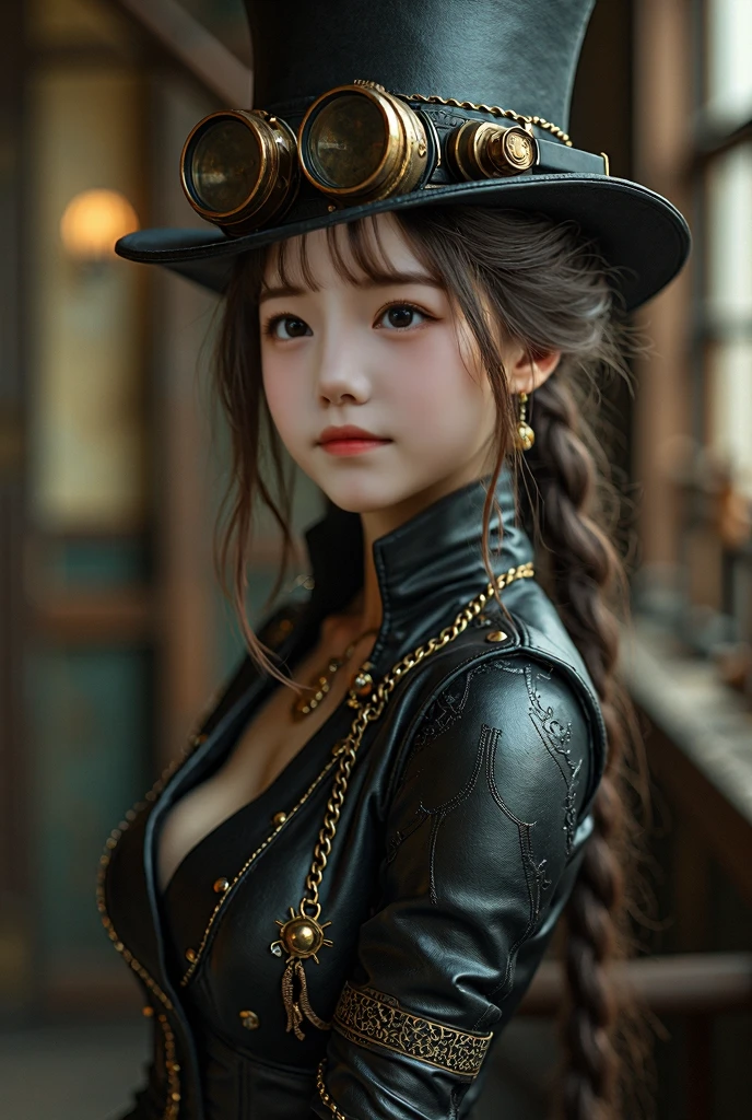 (8K, Best Quality, Masterpiece, Ultra High Definition, High Definition Face: 1.5), (highly detailed), Portrait, (20-year-old girl: 1.3), Beautiful, Cute, Bokeh, (full body shot: 1.3), 1 beautiful woman, light smile, cinematic light, Photos with clear shadows, 8 life size, (steampunk: 1.2), fantasy