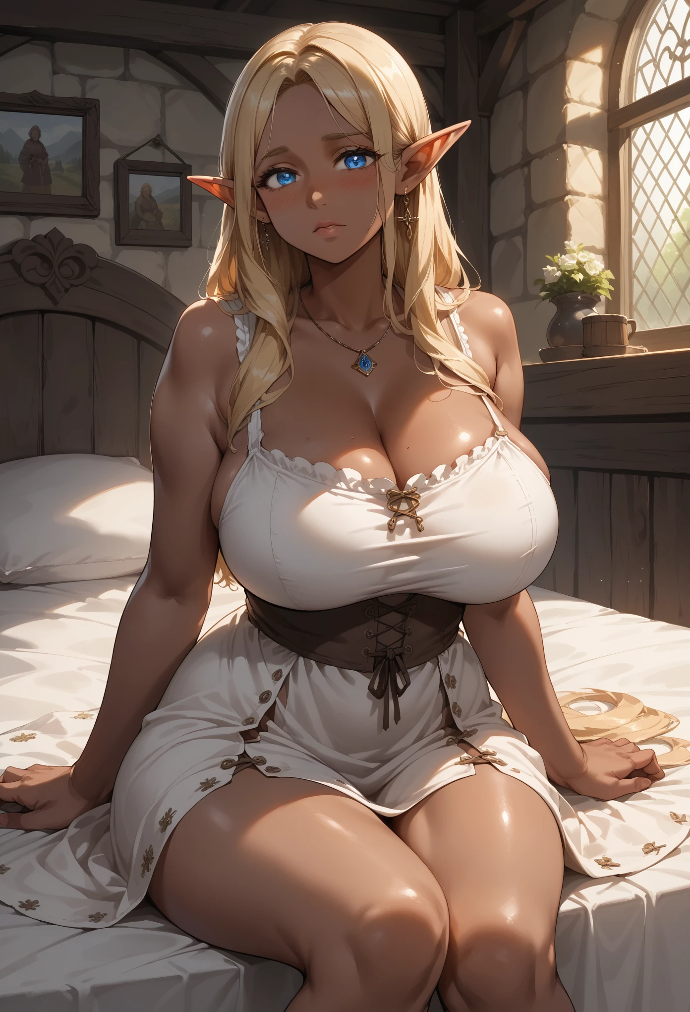 A dark elf woman with long blonde hair, blue eyes, massive breasts, G-cup breats, pointy ears, dark brown skin, soft voluptuous body, she is wearing a brown, tattered sackcloth dress. Medieval bedroom background, medieval bed, warm lighting, detailed background, many details, dark wood wardrobe, detailed eyes, detailed elf face, 8k, masterpiece, gorgeous black-skinned mature woman, shy gaze, blushing, ebony woman, she is sitting at the edge of the bed, she is very poor, anime style. She is only wearing her dress and nothing more