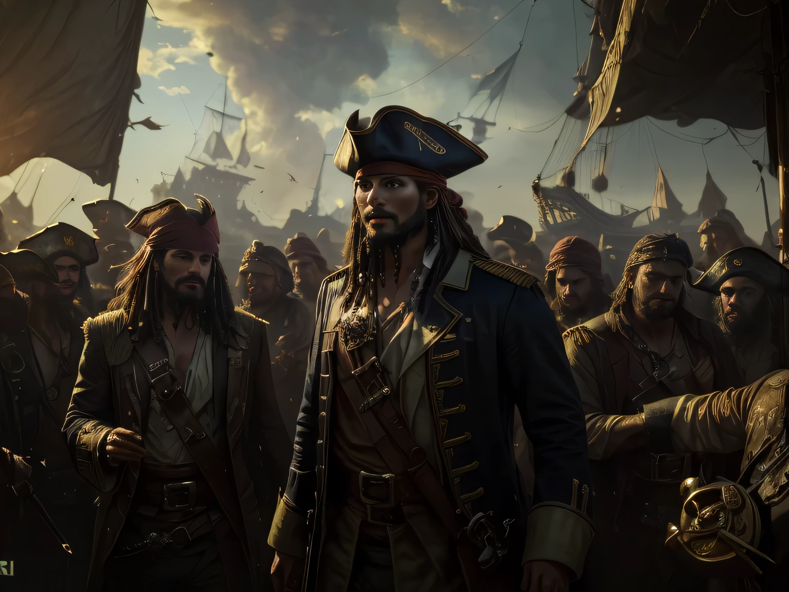 (Best Quality, Super Detail, Masterpiece, Representative Work, Official Art, Professional, Super Fine Detail, 8k:1.3), (Photorealism:1.2), (Beauty and Handsome Pirate), Jolly Roger in the Sky, British Coat of Arms on the Body, Sawed-Off Shotguns, A Crowd of Thugs. They Are Not Afraid of Death, Nimble as Hell, And Stoned with a Plan, The Captain's Pride! (Correct Proportions, Perfect Face, Perfect Hands, Sweet Atmosphere, Photorealistic, Sharp Focus, Dreamy Atmosphere, Delicate Details, Soft Volumetric Light), (Backlight:1.3), (Cinematic:1.2), Intricate Details, (ArtStation:1.3))