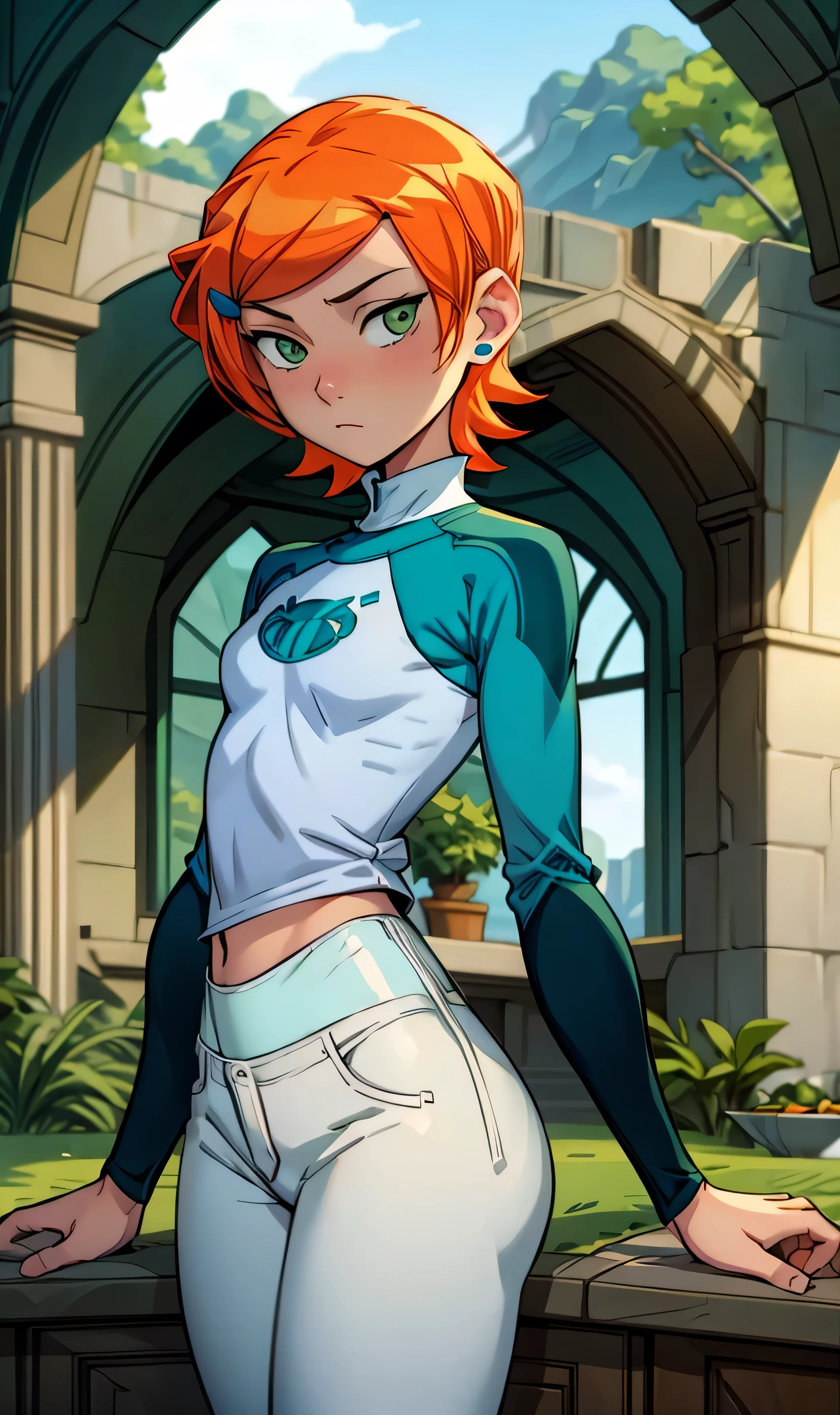 ( masterpiece ,  The best quality ), 1 girl, classicgwen,Alone,by orange, short hair,green eyes ,blue shirt,raglan sleeves,long sleeves,white pants