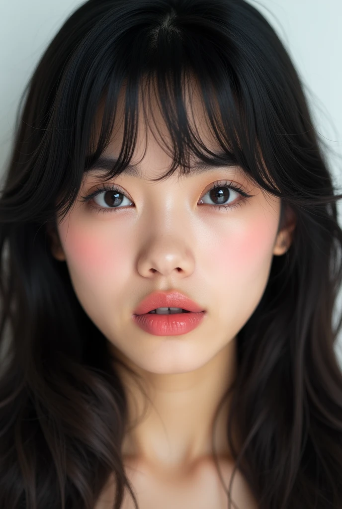 ((Extremely realistic)), ( super real), generate a highly realistic image, white backdrop,,15-year-old female,high school student、black long hair, I'm hiding my forehead with bangs,blue eyes,Long False Eyelashes,Thick lips,Clear eyeliner、,Moisturized lips smudged with clear lip balm、 Open the center of your lips、extremely detailed lips, large mouth, full, plump,  lip balm to make your lips shiny and shiny、淡いpink lips, transparent lip gloss,cute bra tank top