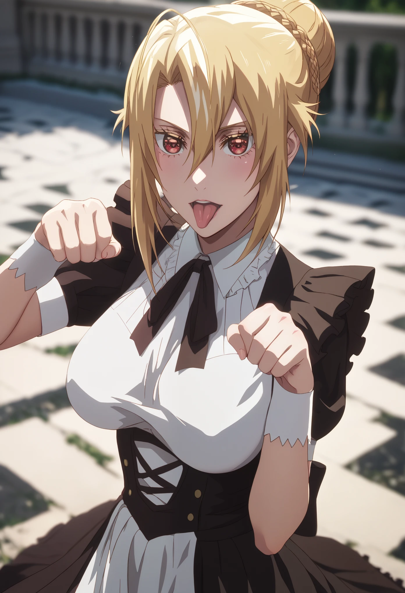 score_9, score_8_up, score_7_up, score_6_up, uncensored, angelica, blonde hair, braid, red eyes, BREAK (masterpiece:1.2), best quality, high resolution,(detailed eyes:1.3), perfect lighting,(perfect hands, perfect anatomy), large breasts,kneeling,eager prt pose,tongue out,paw pose