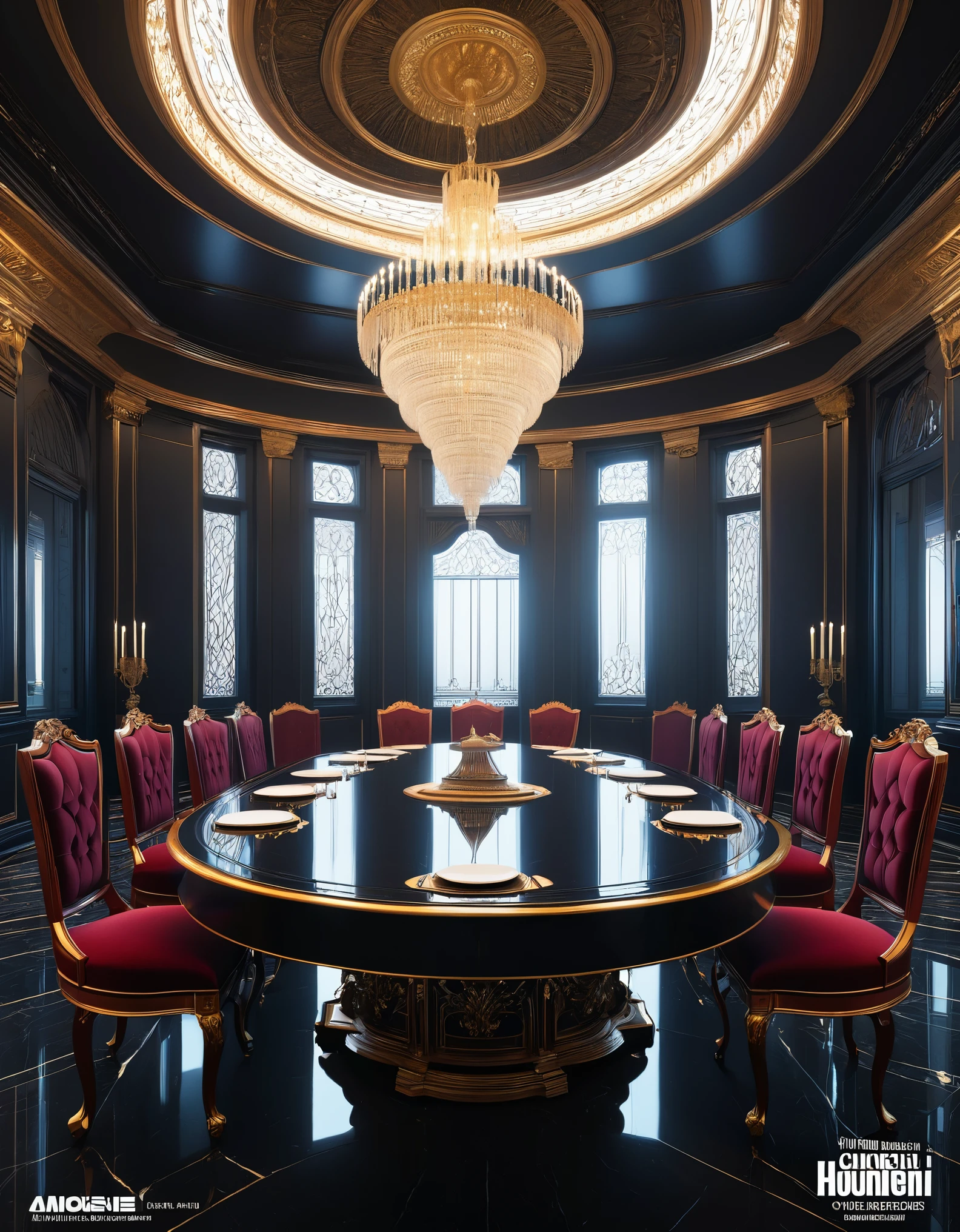 Tables and chairs、There is a dining room with a chandelier., cgsociety 9, Futuristic persian palace, cgsociety Unreal Engine, Redshift Houdini, Futuristic. Game CG, Unreal Engine Cinema 4D, Glamorous cyberpunk interior, Surreal Symmetry 8k, René Lalique and Eddie Mendoza, Cinematic Unreal 5, Cinematic Smoothness with Unreal Engine