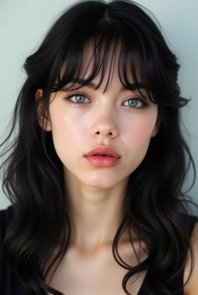 ((Extremely realistic)), ( super real), generate a highly realistic image, white backdrop,,-yeld fee,high school student、black long hair, I'm hiding my forehead with bangs,blue eyes,Long False Eyelashes,Thick lips,Clear eyeliner、,Moisturized lips smudged with clear lip balm、 Open the center of your lips、extremely detailed lips, large mouth, full, plump,  lip balm to make your lips shiny and shiny、淡いpink lips, transparent lip gloss,cute bra tank top