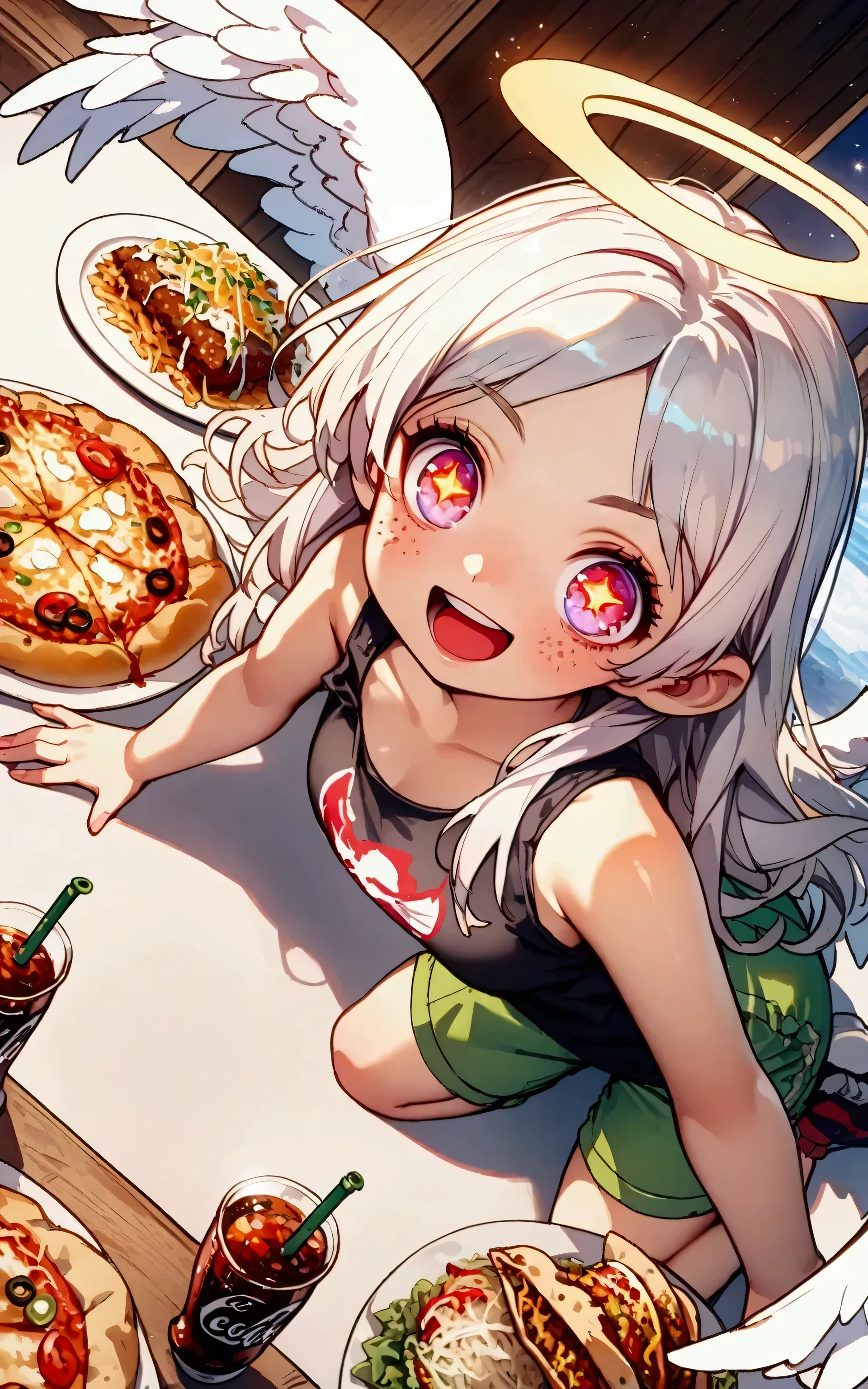 1girl\(angel,silver hair,shining hair, long hair, floating hair, cosmic eyes, big eyes,many stars in eyes, beautiful, cute, shiny body, (big white wings), glowing halo\(angel ring\), dark bag under eyes,geek,freckles, tank top\(geek-anime-printed\), green short shorts, big smile,open mouth, surprised, cute pose,(far away from viewer)\) , many beautiful junk foods\(pizza, humberger, lasagna, Coca-Cola, tacos, hot-dog, many shining effects\) on the table, BREAK ,background\(trippy colorful shines, simple,happy mood\), BREAK ,quality\(8k,wallpaper of extremely detailed CG unit, high resolution, top-quality, top-quality real texture skin, hyper realistic, increase the resolution, RAW photos, best quality, highly detailed, the wallpaper,golden ratio,high saturation realism, vibrant colors, dramatic lighting, persuasive storytelling, atmospheric scenery, captivating visuals, intricate details, strong emotions,dreamlike world\),(from above), (focus at foods),(dynamic angle:1.3)