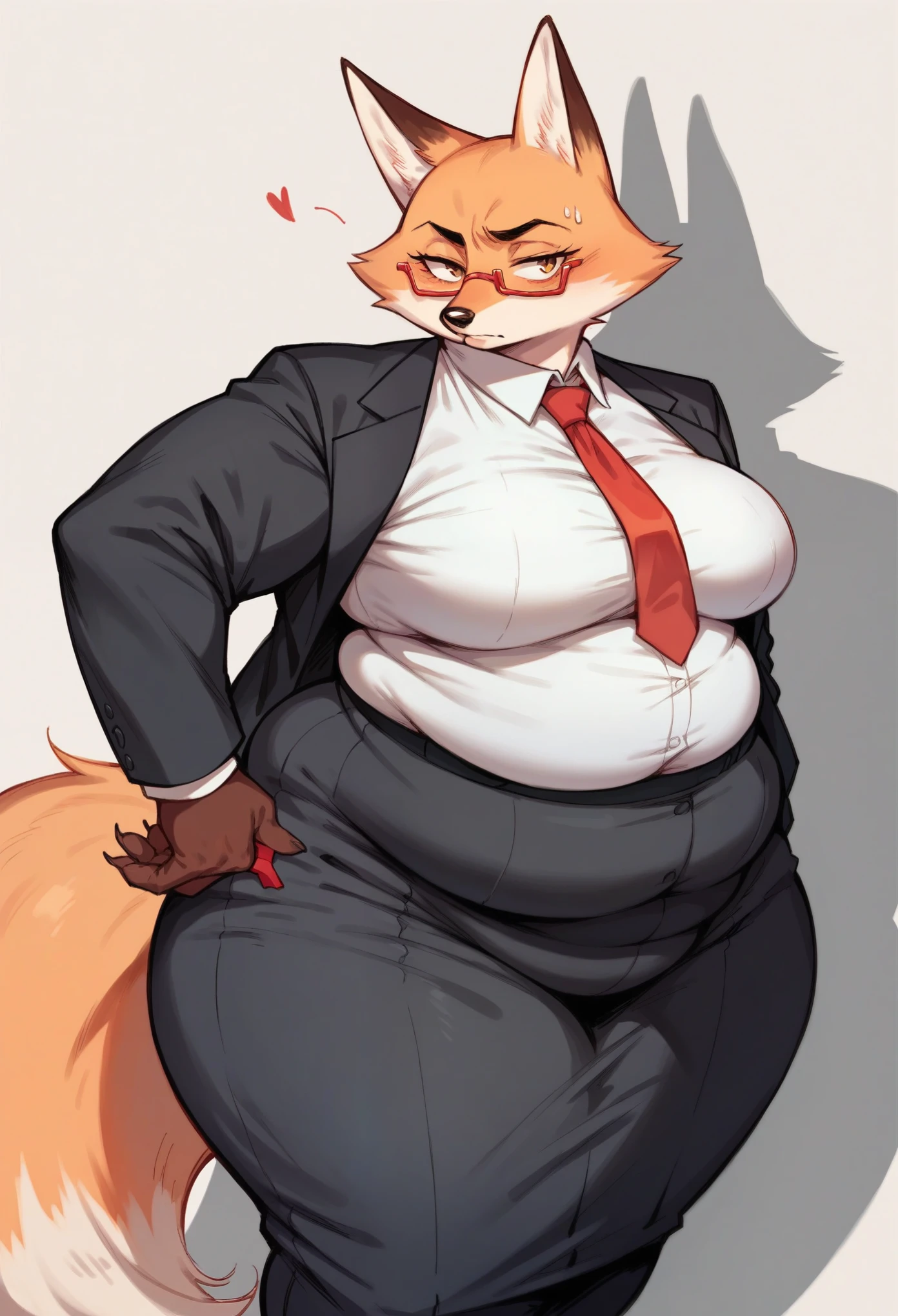 masterpiece, best quality, an incredibly obese anthro female fox standing in an office, fox, furry, formal clothes, formal attire, tight clothes, black hair, green eyes, obese, impossibly obese, orange fur, furry, boss, ceo, fat belly, enormous, fat rolls, belly rolls, fat legs, fat arms,,, cinematic shot, dynamic lighting, 75mm, Technicolor, Panavision, cinemascope, sharp focus, fine details, 8k, HDR, realism, realistic, key visual, film still, cinematic color grading, depth of field, (anthro:0.1)