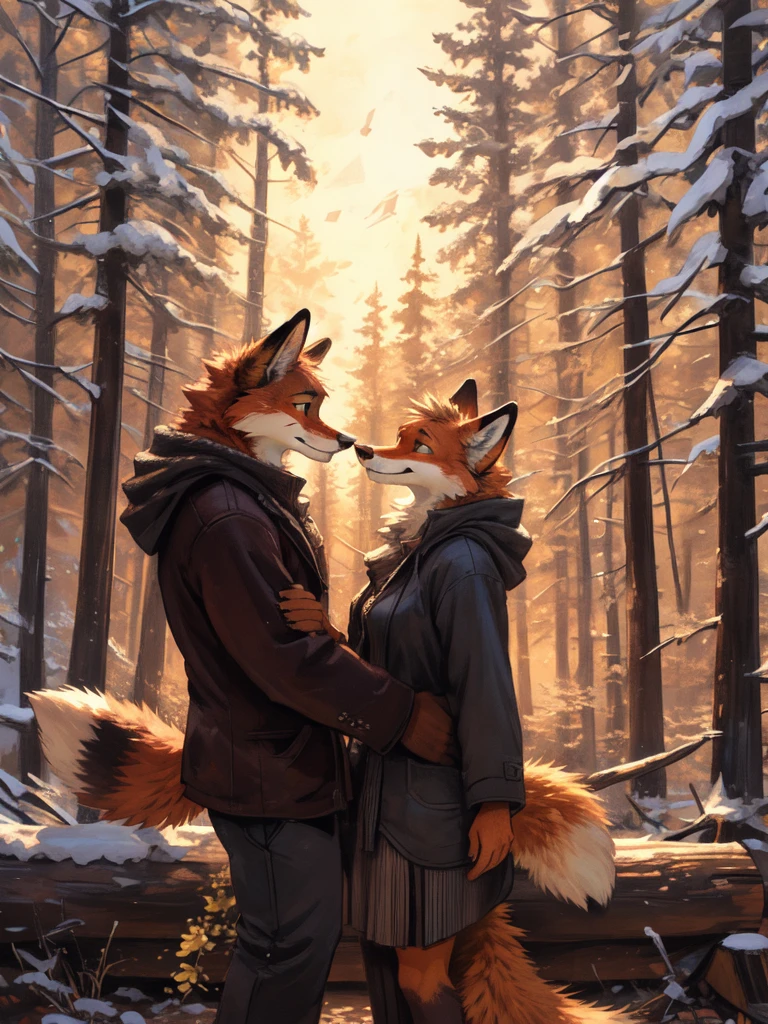 2 females, The wolf and the fox, Furry, Beastman, animal hair, tail, first round, topless, jeans, Long trousers, gloves, Boots, snow, Dry cloth rubbing, towel