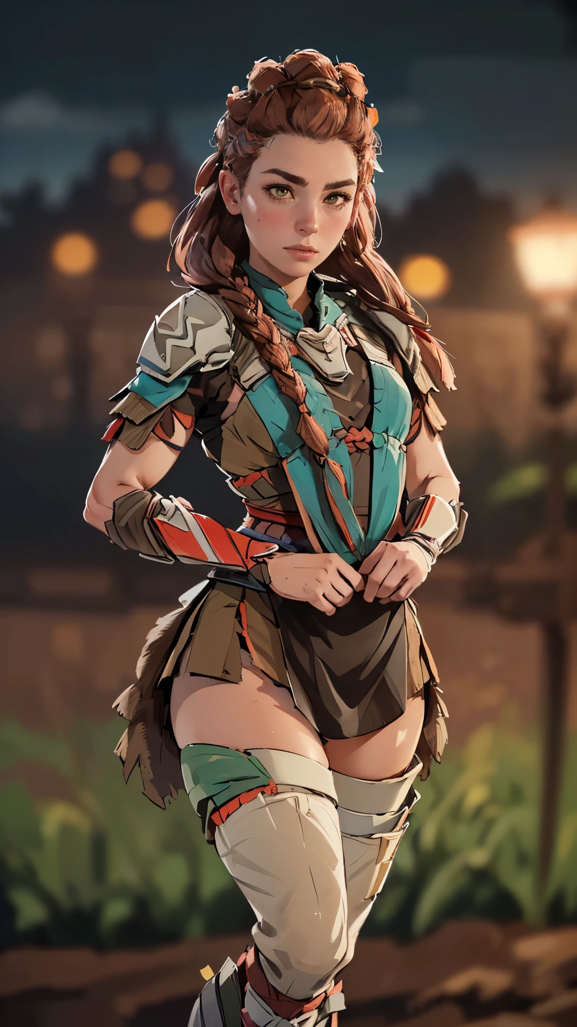 (A woman),(Aloy:1.5),(((Horizon Zero Dawn:1.5))),((Nora Hunting gear:1.5)),((standing bravely:1.5)),(Serious:1.5),(long red hair:1.5),(very detailed beautiful face:1.5),(((slight braided Hair:1.5))),(beautiful eyes:1.3),(Very detailedな顔:1.5),((Very detailed drawing of a female hand:1.5)),((muscular:1.5)),(Sexy appearance:1.5),((Thick thighs:1.5)),(Beautiful Body:1.5),((Very sensual:1.5)),(mountainous background at night:1.5),(warm atmosphere:1.5),(((Blurred Background:1.5))),(Written border depth:1.5),rest(((masterpiece:1.5),(best quality:1.5),(Very detailed:1.5),(high resolution:1.5),(Practical:1.5),(Practical:1.5),(Delicate depiction),(Carefully drawn))),8k,wallpaper