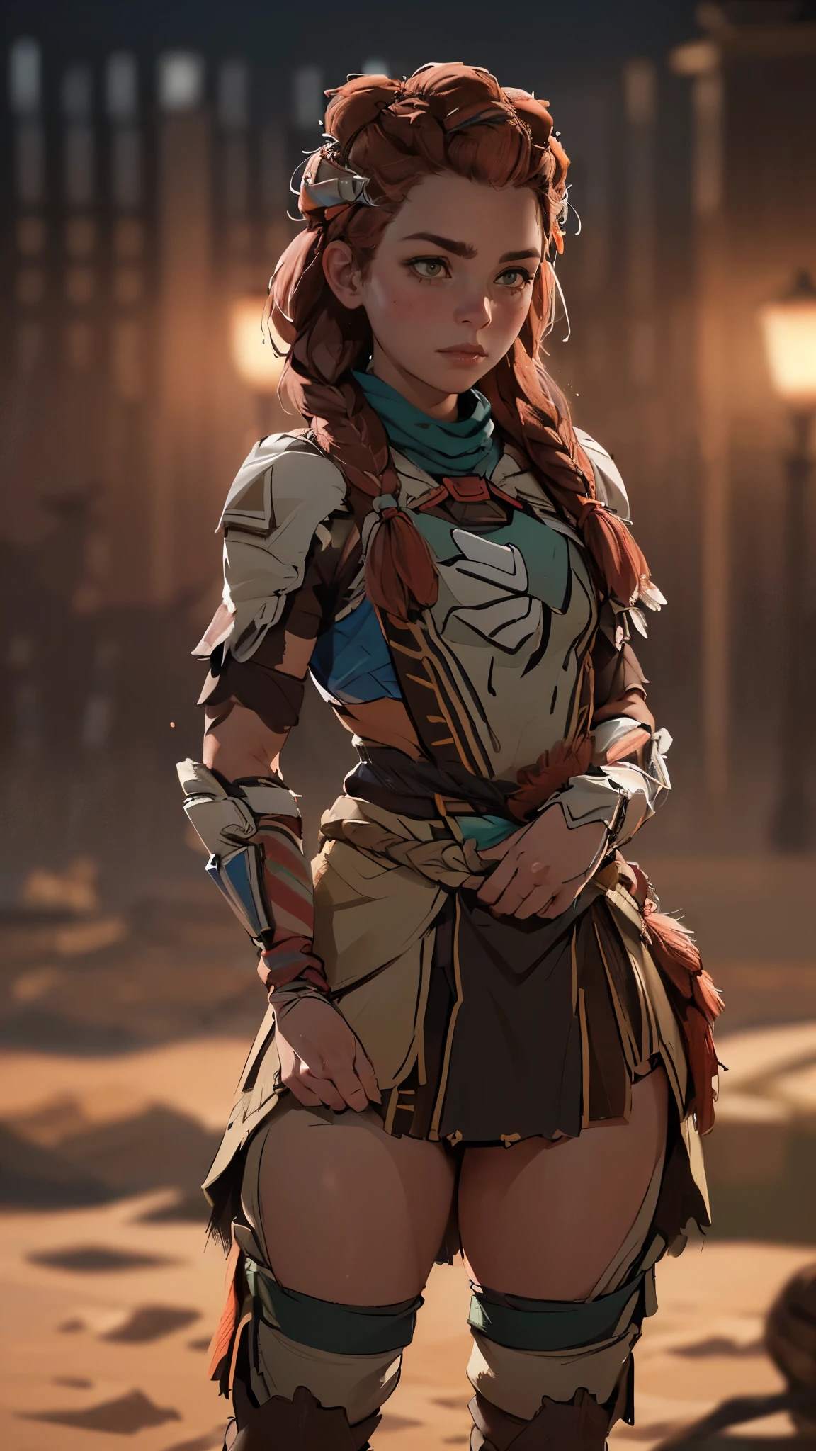 (A woman),(Aloy:1.5),(((Horizon Zero Dawn:1.5))),((Nora Hunting gear:1.5)),((standing bravely:1.5)),(Serious:1.5),(long red hair:1.5),(very detailed beautiful face:1.5),(((slight braided Hair:1.5))),(beautiful eyes:1.3),(Very detailedな顔:1.5),((Very detailed drawing of a female hand:1.5)),((muscular:1.5)),(Sexy appearance:1.5),((Thick thighs:1.5)),(Beautiful Body:1.5),((Very sensual:1.5)),(mountainous background at night:1.5),(warm atmosphere:1.5),(((Blurred Background:1.5))),(Written border depth:1.5),rest(((masterpiece:1.5),(best quality:1.5),(Very detailed:1.5),(high resolution:1.5),(Practical:1.5),(Practical:1.5),(Delicate depiction),(Carefully drawn))),8k,wallpaper