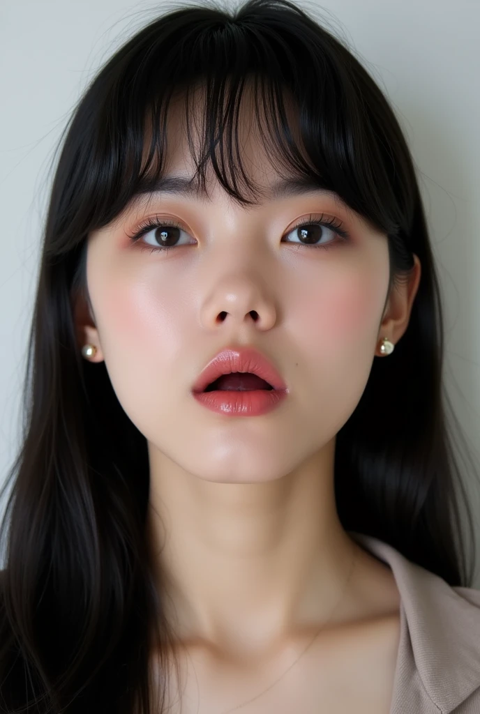 ((Extremely realistic)), ( super real), generate a highly realistic image, white backdrop,,-yeld fee,high school student、black long hair, I'm hiding my forehead with bangs,blue eyes,Long False Eyelashes,Thick lips,Clear eyeliner、,Moisturized lips smudged with clear lip balm、 Open the center of your lips、extremely detailed lips, large mouth, full, plump,  lip balm to make your lips shiny and shiny、淡いpink lips, transparent lip gloss,cute bra tank top