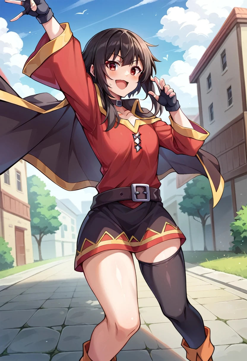 Scoring_9, Scoring_8_Way above, Scoring_7_Way above, Scoring_6_Way above, Scoring_5_Way above, Scoring_4_Way above, break source_anime,Cities,open air,smile,standing, Place your hands on your hips,Megumin, short hair, black hair, red eyes, Side locks, long hair,,thick thighs, gloves, ha,, black gloves, belt, black thick thighs, fingerless gloves, cape, collared, Witch ha , bandages, , single thigh height,  asymmetric pants , delicious