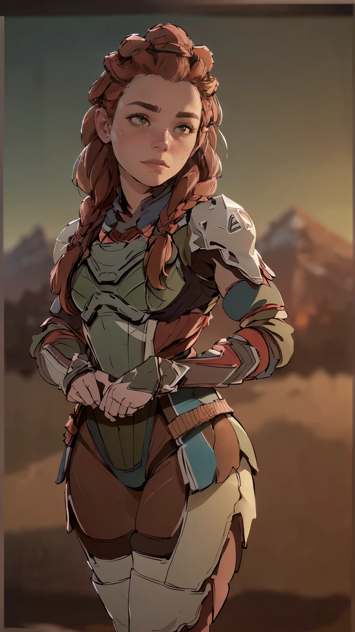 (A woman),(Aloy:1.5),(((Horizon Zero Dawn:1.5))),((Nora Hunting gear:1.5)),((standing bravely:1.5)),(Serious:1.5),(long red hair:1.5),(very detailed beautiful face:1.5),(((slight braided Hair:1.5))),(beautiful eyes:1.3),(Very detailedな顔:1.5),((Very detailed drawing of a female hand:1.5)),((muscular:1.5)),(Sexy appearance:1.5),((Thick thighs:1.5)),(Beautiful Body:1.5),((Very sensual:1.5)),(mountainous background at night:1.5),(warm atmosphere:1.5),(((Blurred Background:1.5))),(Written border depth:1.5),rest(((masterpiece:1.5),(best quality:1.5),(Very detailed:1.5),(high resolution:1.5),(Practical:1.5),(Practical:1.5),(Delicate depiction),(Carefully drawn))),8k,wallpaper