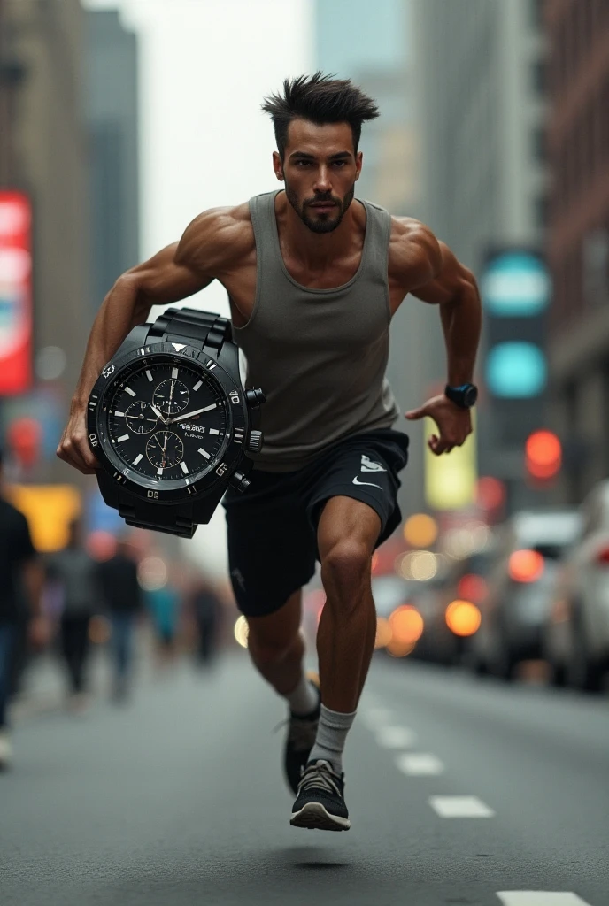 One men running, wearing shorts pant, big watch in background, one side a big watch and one side running a man