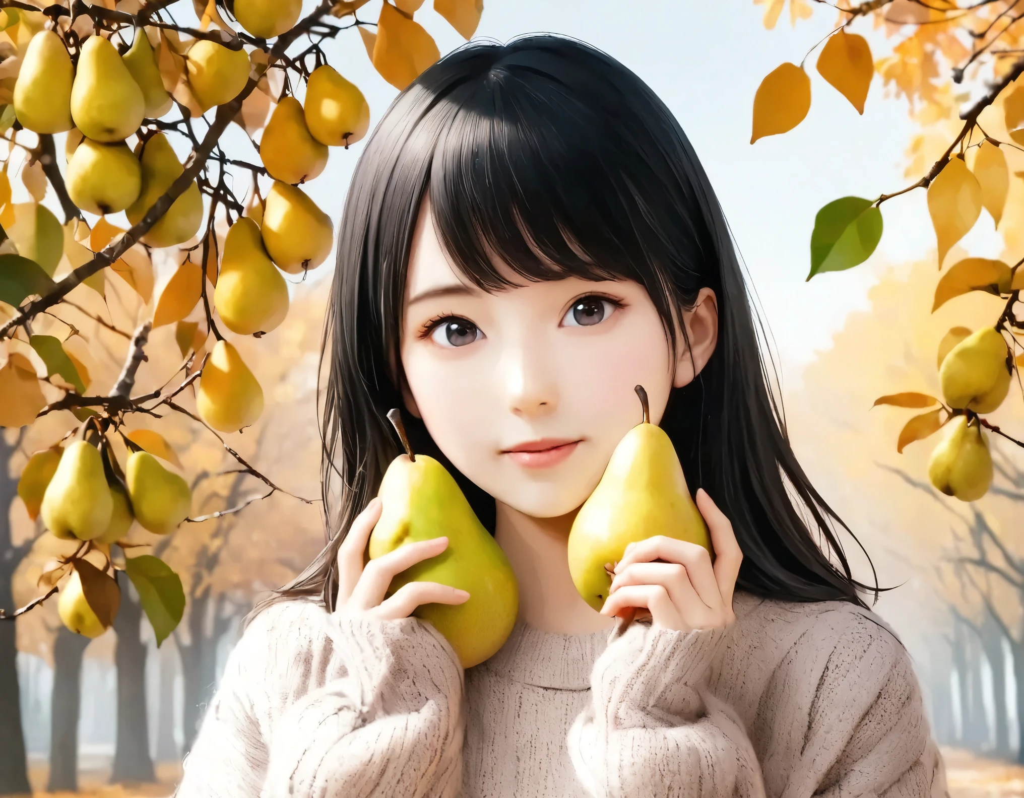 (best quality, 8k, high resolution:1.2), 1girl, pear, autumn, upper body