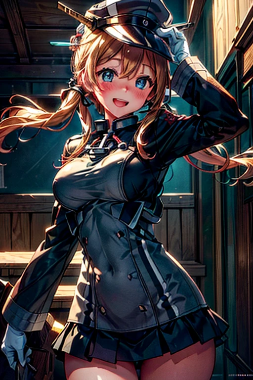 (Masterpiece, Ultra-high resolution, 8k, High Quality, Top quality, High-Detailed, Detailed CG, Cinematic Shadow:0.5, Beautiful Detailed Eyes, Ultra Resolution, Depth of Field, High Resolution, Masterpiece: 1.2), (Anime Art style), (cowboy shot), (Harbor), 1girl, solo, prinz_eugen_kantaicollection, blonde_hair, long_hair, twintails, hair_ornament, anchor_hair_ornament, hat, peaked_cap, blush, low_twintails, military, smile, breasts, open_mouth, iron_cross, cross, aqua_eyes, blue_eyes, beautiful breasts, walking, happy, smile,