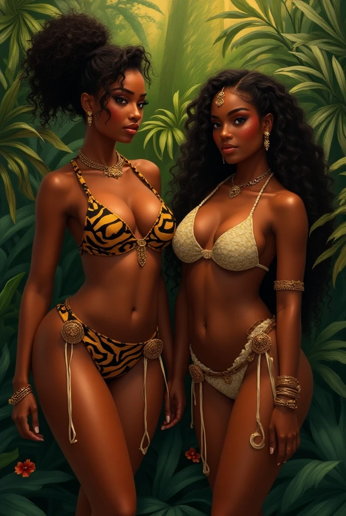 young indian women .young african girls jungle harvesting fruits clothes with leaves.Athletic bodies thin big breasts together raised and big buttocks erect long black hair green eyes .gigantic sun 