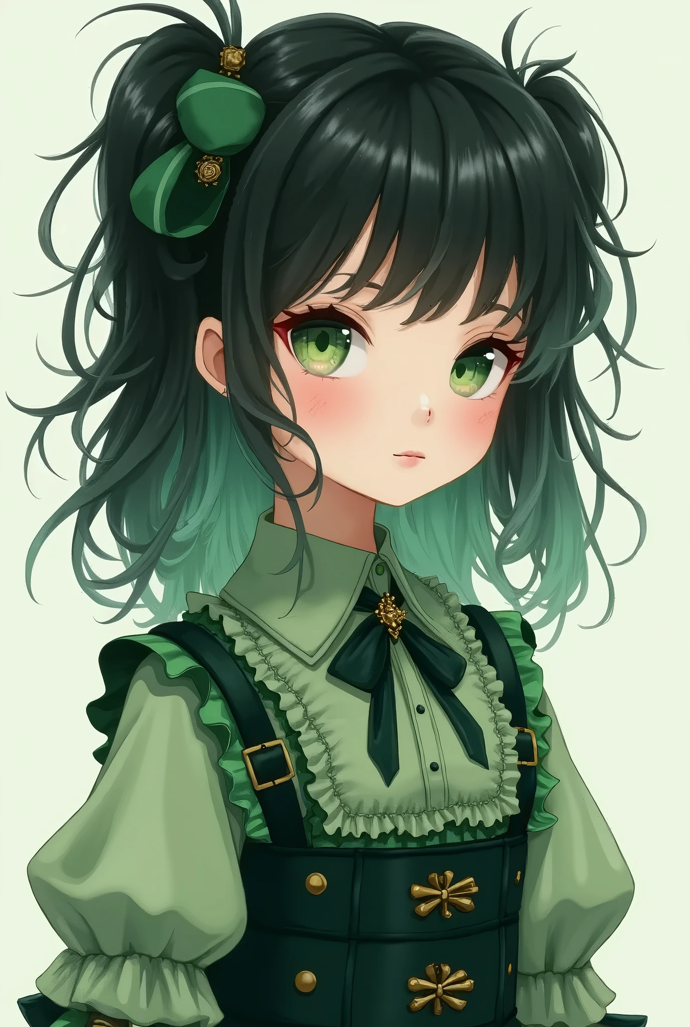 skistyle, solo, 1girl, twintails, simple background, long hair, dress, ribbon, red ribbon, bangs, black dress, looking at viewer, blunt bangs, white background, closed mouth, black hair, long sleeves, puffy sleeves, green hair, grey background, black eyes, juliet sleeves, green eyes