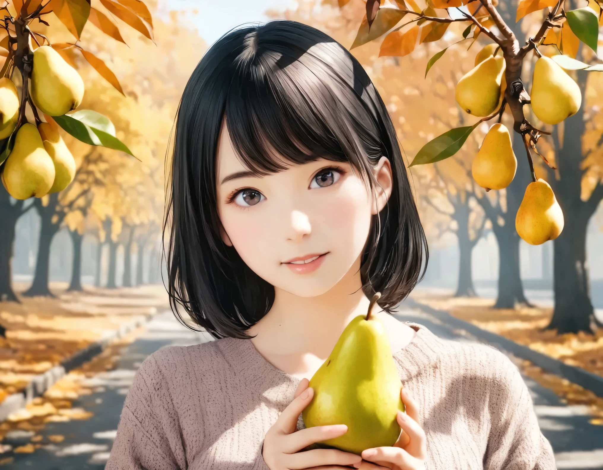 (best quality, 8k, high resolution:1.2), 1girl, pear, autumn, upper body