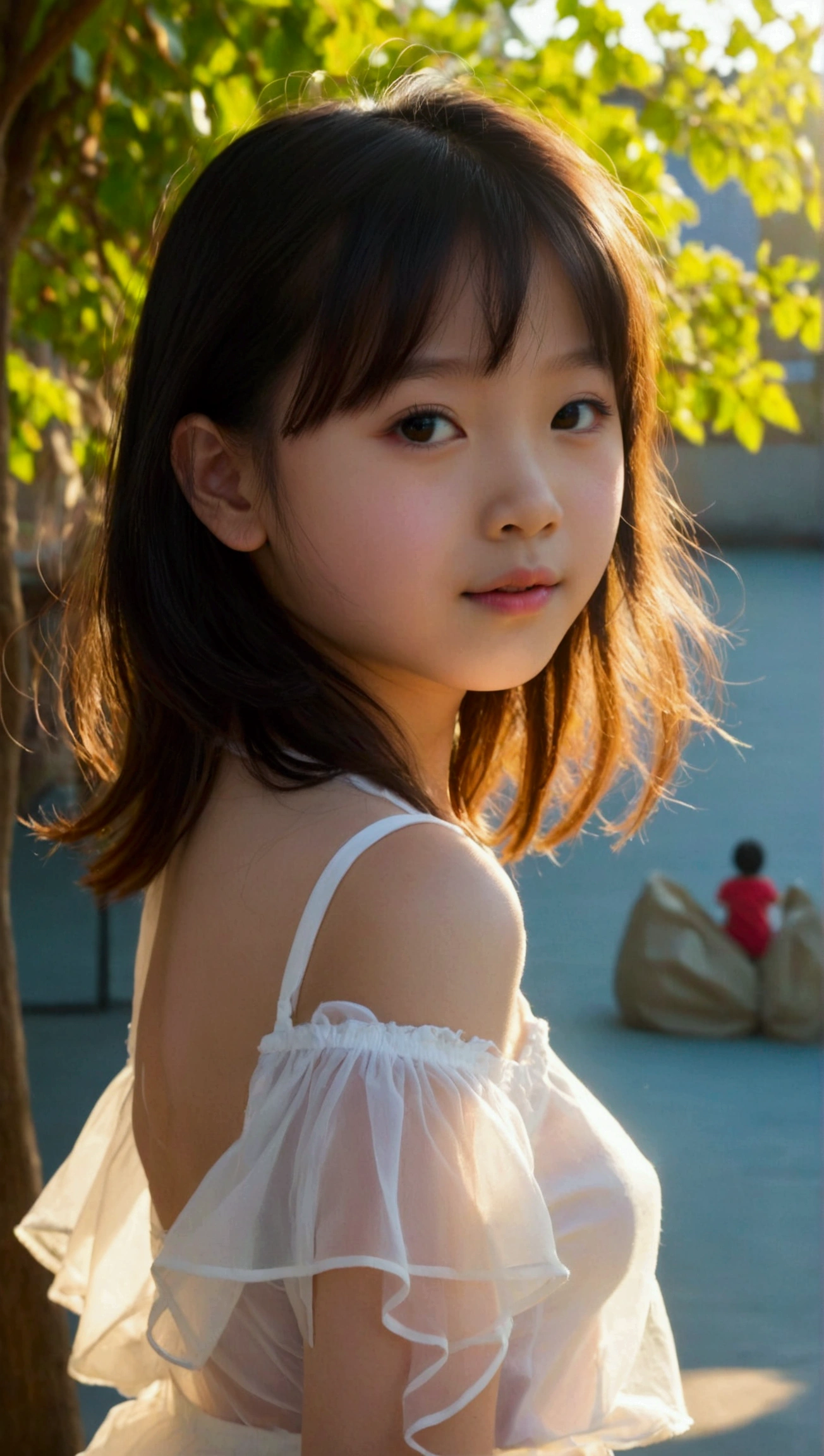 Prettiest asian girl, the cutest girl, sweet girl on the schoolyard, age 7 with beautiful small-budding breast, relaxing, pale skin, juveniles physique, charming adolescents girl, wear white sheer fabric shirt that show off her unique cuteness, sheer fabric, translucent clothes, full-body, from the front, wind blows her skirt