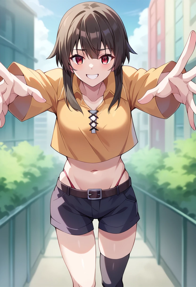 Scoring_9, Scoring_8_Way above, Scoring_7_Way above, Scoring_6_Way above, Scoring_5_Way above, Scoring_4_Way above, break source_anime,Cities,open air,smile,standing, Place your hands on your hips,Megumin, short hair, black hair, red eyes, Side locks, long hair,,thick thighs, gloves, ha,, black gloves, belt, black thick thighs, fingerless gloves, cape, collared, Witch ha , bandages, , single thigh height,  asymmetric pants , delicious (( Thong thong dental floss ))