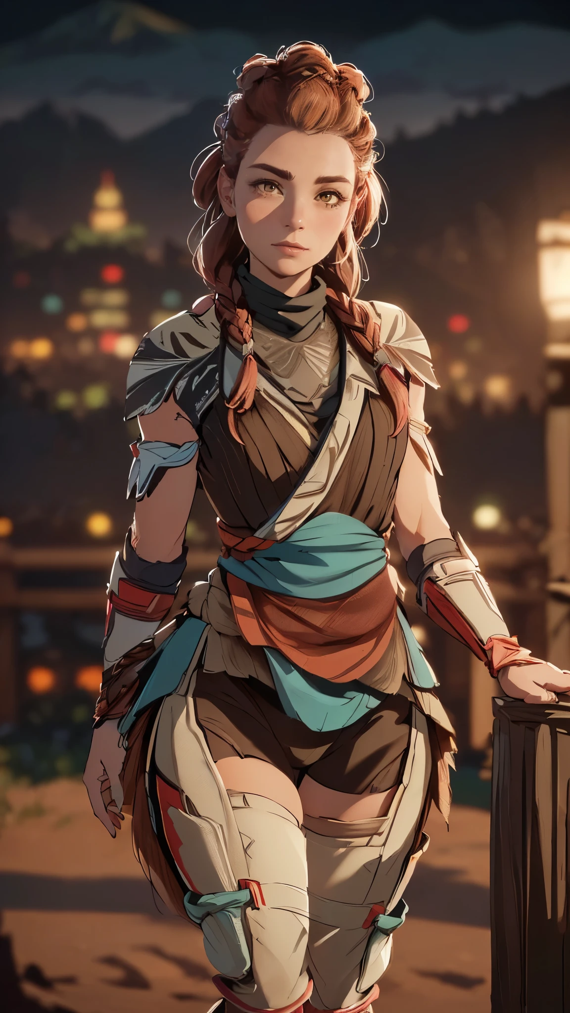 (A woman),(Aloy:1.5),(((Horizon Zero Dawn:1.5))),((Nora Hunting gear:1.5)),((standing bravely:1.5)),(Serious:1.5),(long red hair:1.5),(very detailed beautiful face:1.5),(((slight braided Hair:1.5))),(beautiful eyes:1.3),(Very detailedな顔:1.5),((Very detailed drawing of a female hand:1.5)),((muscular:1.5)),(Sexy appearance:1.5),((Thick thighs:1.5)),(Beautiful Body:1.5),((Very sensual:1.5)),(mountainous background at night:1.5),(warm atmosphere:1.5),(((Blurred Background:1.5))),(Written border depth:1.5),rest(((masterpiece:1.5),(best quality:1.5),(Very detailed:1.5),(high resolution:1.5),(Practical:1.5),(Practical:1.5),(Delicate depiction),(Carefully drawn))),8k,wallpaper