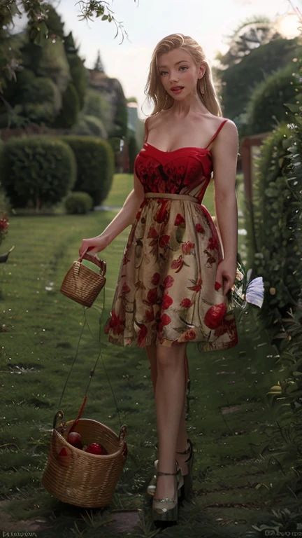 full body photo of Lara long blonde hair , lips painted red wearing retro dress ,  is on the meadow holding a basket with fruit 