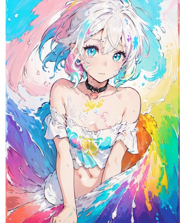 (masterpiece, best quality: 1.2), (Super detailed), (illustration), Ultra-high resolution, The face is super delicate, exquisite eyes, Blue pupils, Finger details, wallpaper, The original, 1 girl, messy white hair, spaghetti straps, White Skirt, Bare Legs, barefoot, bare arm, whole body, (Surrounded by colorful splashes and polka dots), Colorful bubbles, (Shiny), Simple background