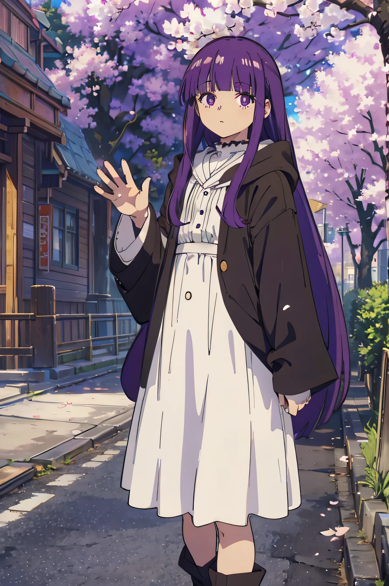 score_9, score_8_up, score_7_up, source_anime, 1girl, solo, outdoors, street, cherry blossoms, cowboy shot, standing, looking at viewer, shiny skin,fern, purple eyes, bright pupils, white pupils, purple hair, long hair, blunt bangs, hime cut, sidelocks, black robe, hooded robe, hood down, white shirt, frills, buttons, long sleeves, white skirt, long skirt, black boots, waving