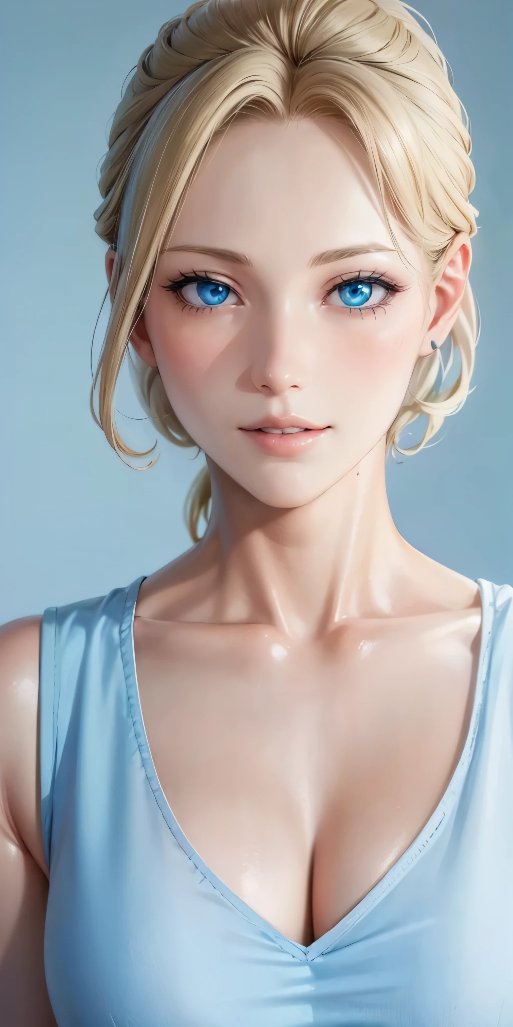 Elegant mature female, blue eyes, blonde hair, elegant hairstyle, swept bangs, soft light, high detailed, 4k resolution, high quality, beautiful cg,