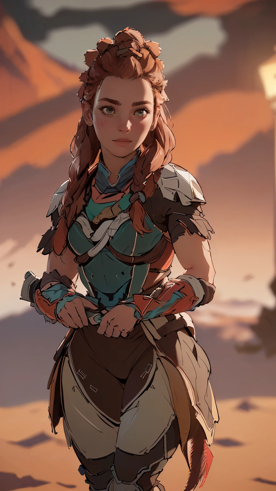 (A woman),(Aloy:1.5),(((Horizon Zero Dawn:1.5))),((Nora Hunting gear:1.5)),((standing bravely:1.5)),(Serious:1.5),(long red hair:1.5),(very detailed beautiful face:1.5),(((slight braided Hair:1.5))),(beautiful eyes:1.3),(Very detailedな顔:1.5),((Very detailed drawing of a female hand:1.5)),((muscular:1.5)),(Sexy appearance:1.5),((Thick thighs:1.5)),(Beautiful Body:1.5),((Very sensual:1.5)),(mountainous background at night:1.5),(warm atmosphere:1.5),(((Blurred Background:1.5))),(Written border depth:1.5),rest(((masterpiece:1.5),(best quality:1.5),(Very detailed:1.5),(high resolution:1.5),(Practical:1.5),(Practical:1.5),(Delicate depiction),(Carefully drawn))),8k,wallpaper